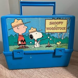 Vintage Snoopy & Woodstock Peanuts Plastic Lunch Box Blue Retro Storage Case